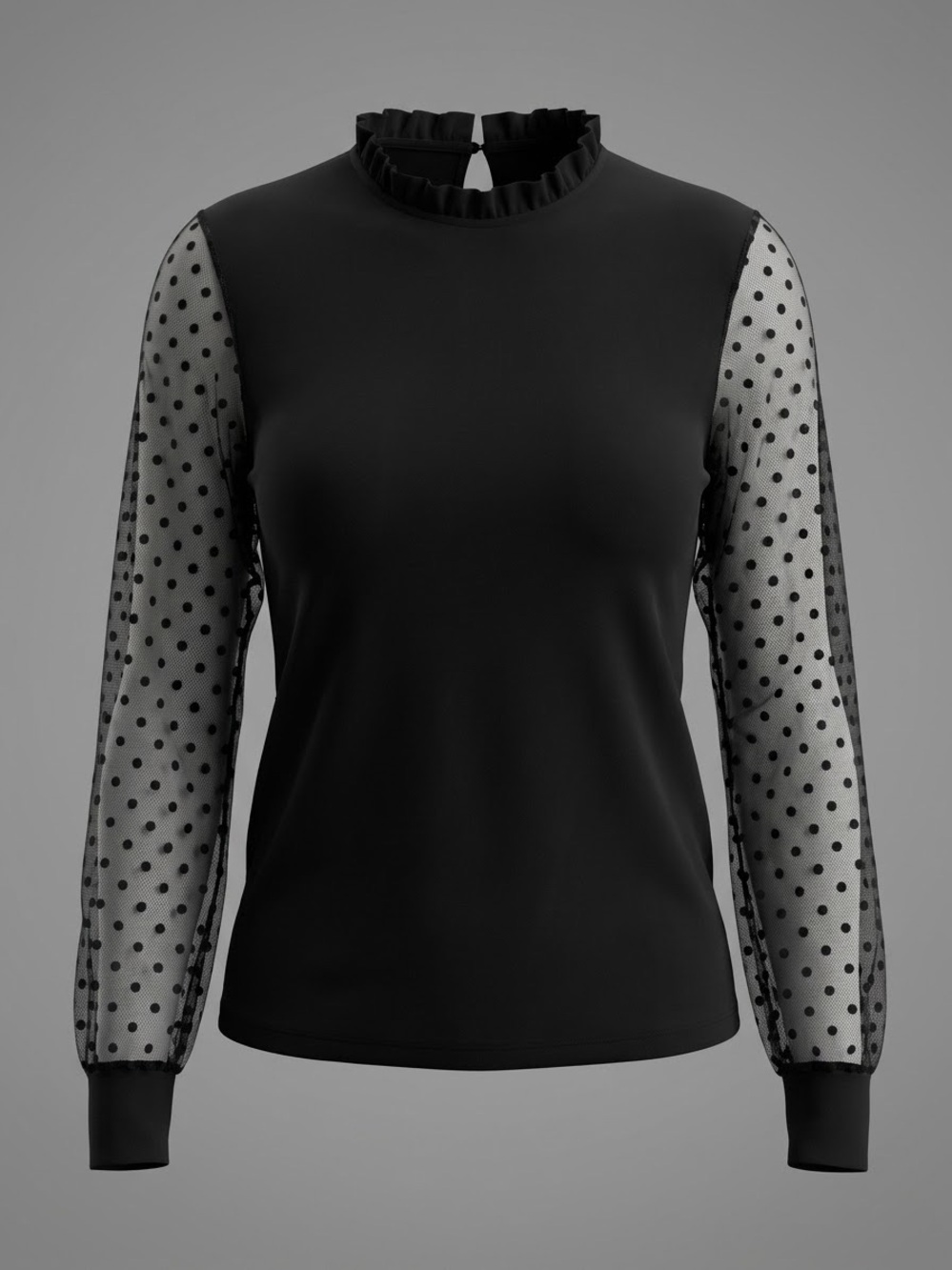 Blooming Jelly Black Ruffle Neck Polka Dot Mesh Sleeve Top S Dopamine Preppy Lux